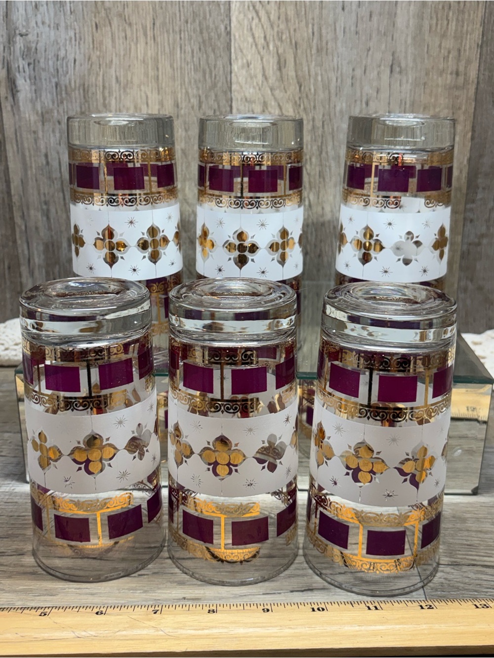 MCM Culver Highball Glasses 22k Gold Trim Purple Accents 1960s Set Of 6